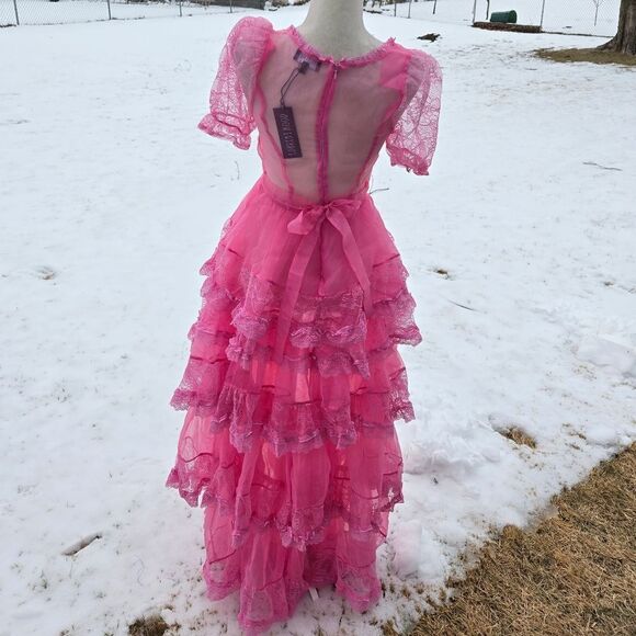 NEW Dolls Kill pink sheer lace kawaii‎ Pretty Imperfect tiered maxi dress gown S - Picture 4 of 10